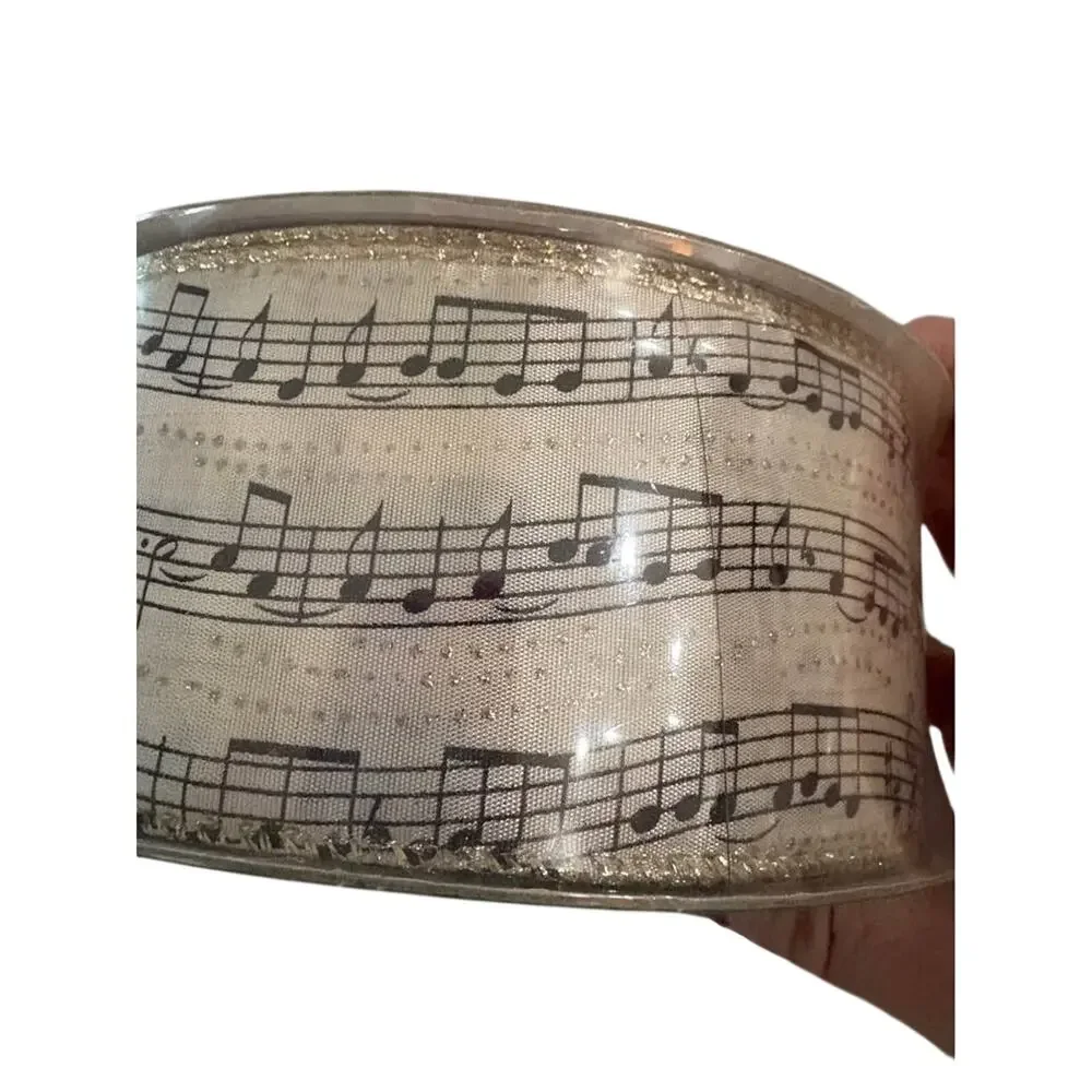 50 Yds Wired Christmas Music Note Ribbon 2.5” Gold Glitter Sheet Music